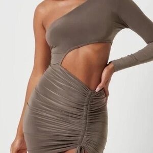 Missguided brown slinky one shoulder cut out mini dress